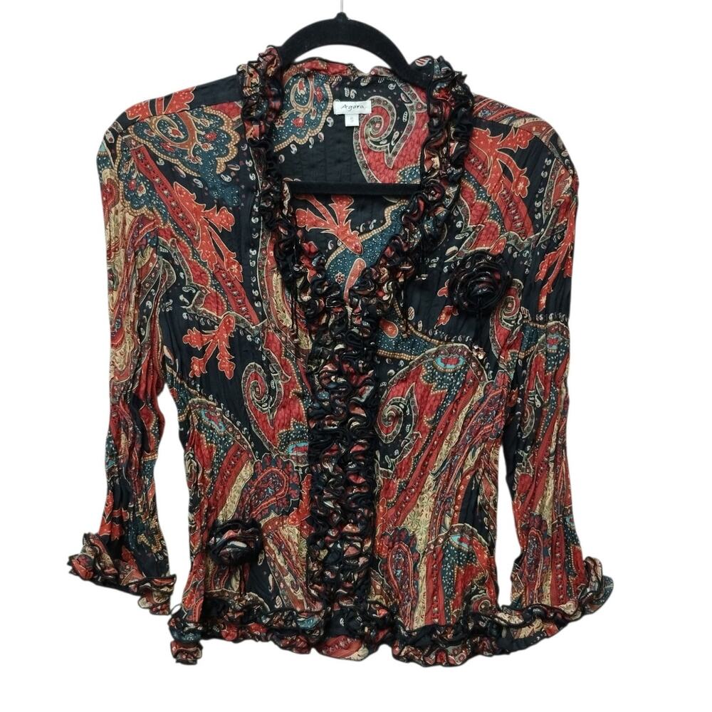 VTG Agora Y2K Fairy Grunge Whimsigoth Crinkle Button Up Top Small Beaded Ruffle